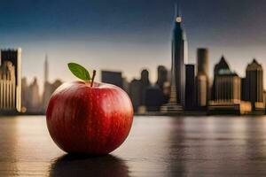 een appel zit Aan een tafel in voorkant van een stad horizon. ai-gegenereerd foto