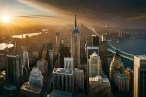 de zon stijgt over- de stad horizon in nieuw york. ai-gegenereerd foto