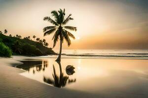 een palm boom is weerspiegeld in de water Bij zonsondergang. ai-gegenereerd foto