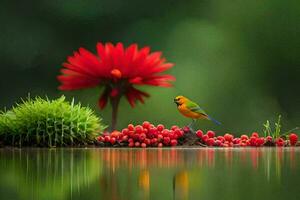 foto behang de bloem, rood, vogel, water, groente, vogel, water, groente,. ai-gegenereerd