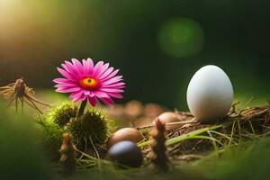 een bloem en een ei in de gras. ai-gegenereerd foto