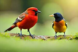 twee kleurrijk vogelstand staand Aan een Afdeling. ai-gegenereerd foto