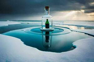 een fles van wijn in een fles Aan een ijs ijsschots. ai-gegenereerd foto