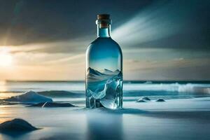 een fles van wodka Aan de strand met de zon instelling achter het. ai-gegenereerd foto