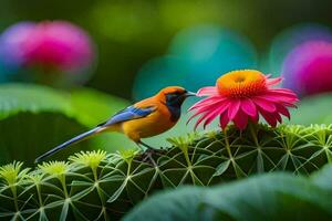 een kleurrijk vogel zit Aan top van een roze bloem. ai-gegenereerd foto