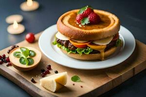 een Hamburger met kaas, aardbeien en tomaten Aan een houten snijdend bord. ai-gegenereerd foto