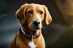 een hond is zittend in voorkant van een donker achtergrond. ai-gegenereerd foto