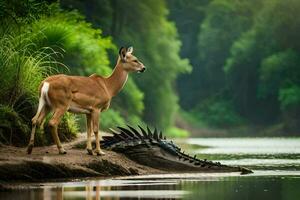 een hert staat De volgende naar een krokodil Aan de bank van een rivier. ai-gegenereerd foto