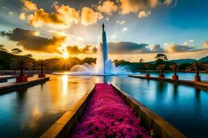 de zon sets over- een fontein in een park. ai-gegenereerd foto