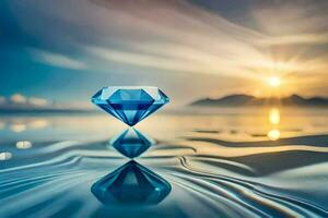 een diamant drijvend in de water met de zon instelling achter het. ai-gegenereerd foto