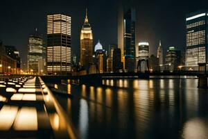 een stad horizon Bij nacht met lichten Aan. ai-gegenereerd foto
