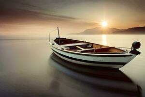 een boot is zittend Aan de water Bij zonsondergang. ai-gegenereerd foto