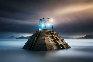 een toren in de midden- van de oceaan met een licht schijnend door het. ai-gegenereerd foto