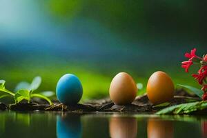 drie kleurrijk eieren zijn zittend Aan de grond De volgende naar een vijver. ai-gegenereerd foto