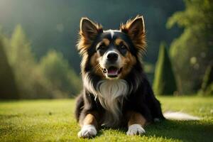 een hond zittend Aan de gras in de zon. ai-gegenereerd foto