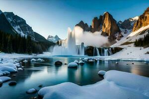 een waterval in de sneeuw met rotsen en sneeuw. ai-gegenereerd foto