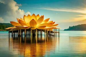 een groot lotus bloem zit Aan de water in voorkant van een dok. ai-gegenereerd foto