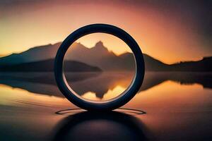 een ring zittend Aan de water met een zonsondergang in de achtergrond. ai-gegenereerd foto