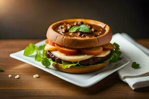 een Hamburger met groenten en saus Aan een bord. ai-gegenereerd foto