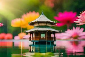 een klein pagode zit Aan de water omringd door roze bloemen. ai-gegenereerd foto