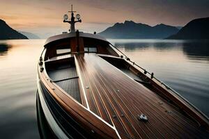 een boot is aangemeerd in de water Bij zonsondergang. ai-gegenereerd foto