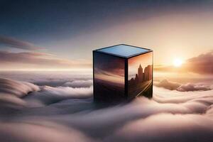 een kubus in de lucht met wolken en zon. ai-gegenereerd foto