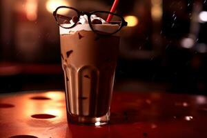 bevroren koffie in een hoog glas met een rietje Aan een donker achtergrond ai gegenereerd foto