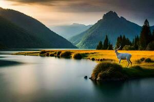 de hert is staand Aan de met gras begroeid bank van de rivier. ai-gegenereerd foto