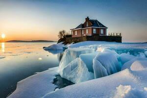 een huis zit Aan top van een ijs ijsschots in de midden- van de water. ai-gegenereerd foto