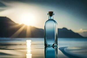 een fles van water zit Aan de strand met de zon instelling achter het. ai-gegenereerd foto
