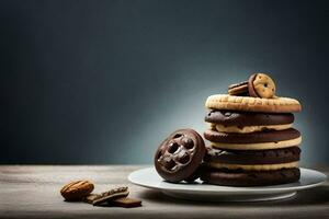 een stack van chocola koekjes Aan een bord. ai-gegenereerd foto