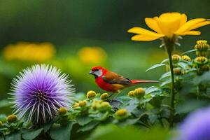 een vogel is zittend Aan een bloem en sommige Purper bloemen. ai-gegenereerd foto