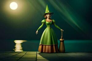 een tekenfilm heks in groen jurk Holding een bezem. ai-gegenereerd foto