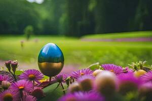 een kleurrijk ei is in de midden- van een veld- van bloemen. ai-gegenereerd foto