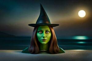een heks met groen haar- en een heks hoed. ai-gegenereerd foto