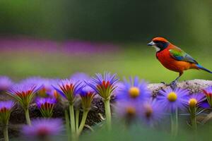 een kleurrijk vogel is staand Aan een Afdeling in een veld- van Purper bloemen. ai-gegenereerd foto