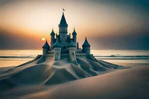 een kasteel gemaakt uit van zand Aan de strand. ai-gegenereerd foto