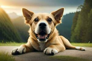 een hond houdende Aan de grond met haar tong uit. ai-gegenereerd foto