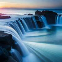 een waterval stromen over- rotsen Bij zonsondergang. ai-gegenereerd foto