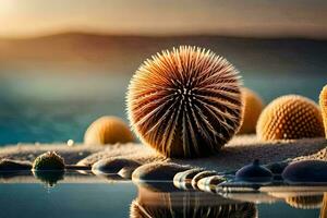 een groep van stekelig ballen Aan de strand. ai-gegenereerd foto