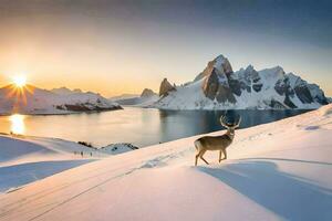 een hert staat Aan de sneeuw in voorkant van een meer. ai-gegenereerd foto