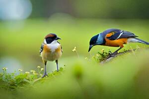 twee vogelstand zijn staand Aan de gras samen. ai-gegenereerd foto