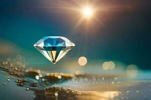 een diamant drijvend in water met een zon schijnend in de achtergrond. ai-gegenereerd foto