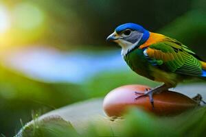 een kleurrijk vogel zit Aan top van een ei. ai-gegenereerd foto