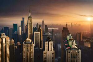 de zon stijgt over- de stad horizon in nieuw york. ai-gegenereerd foto