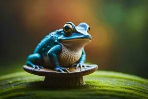 een blauw kikker zittend Aan top van een houten bord. ai-gegenereerd foto