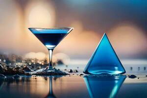 een blauw martini glas en een blauw vloeistof. ai-gegenereerd foto