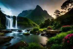 de waterval in de midden- van de rivier. ai-gegenereerd foto