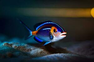 een vis met een helder blauw en oranje lichaam. ai-gegenereerd foto