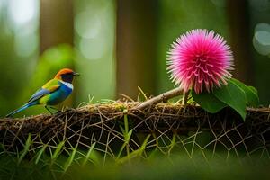 een kleurrijk vogel zit Aan een Afdeling De volgende naar een roze bloem. ai-gegenereerd foto